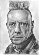 Load image into Gallery viewer, John Lydon aka Johnny Rotten of Sex Pistols and P.I.L charcoal portrait drawing print wall decor