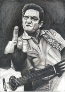Johnny Cash man in black "I DRAW the Line" middle finger san quentin black and white charcoal drawing poster print fan tribute art