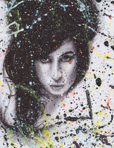Amy Winehouse "I told you I was trouble" splattered paint version of black and white charcoal portrait drawing fan tribute fine art print