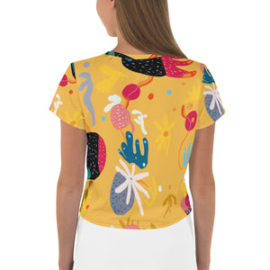 Abstract Yellow All-Over Print Crop Tee