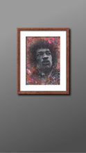 Load image into Gallery viewer, Jimi Hendrix &quot;Fire&quot;  Splattered Paint Version of charcoal portrait drawing fine art wall decor