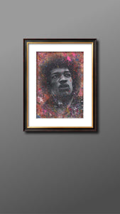 Jimi Hendrix "Fire"  Splattered Paint Version of charcoal portrait drawing fine art wall decor