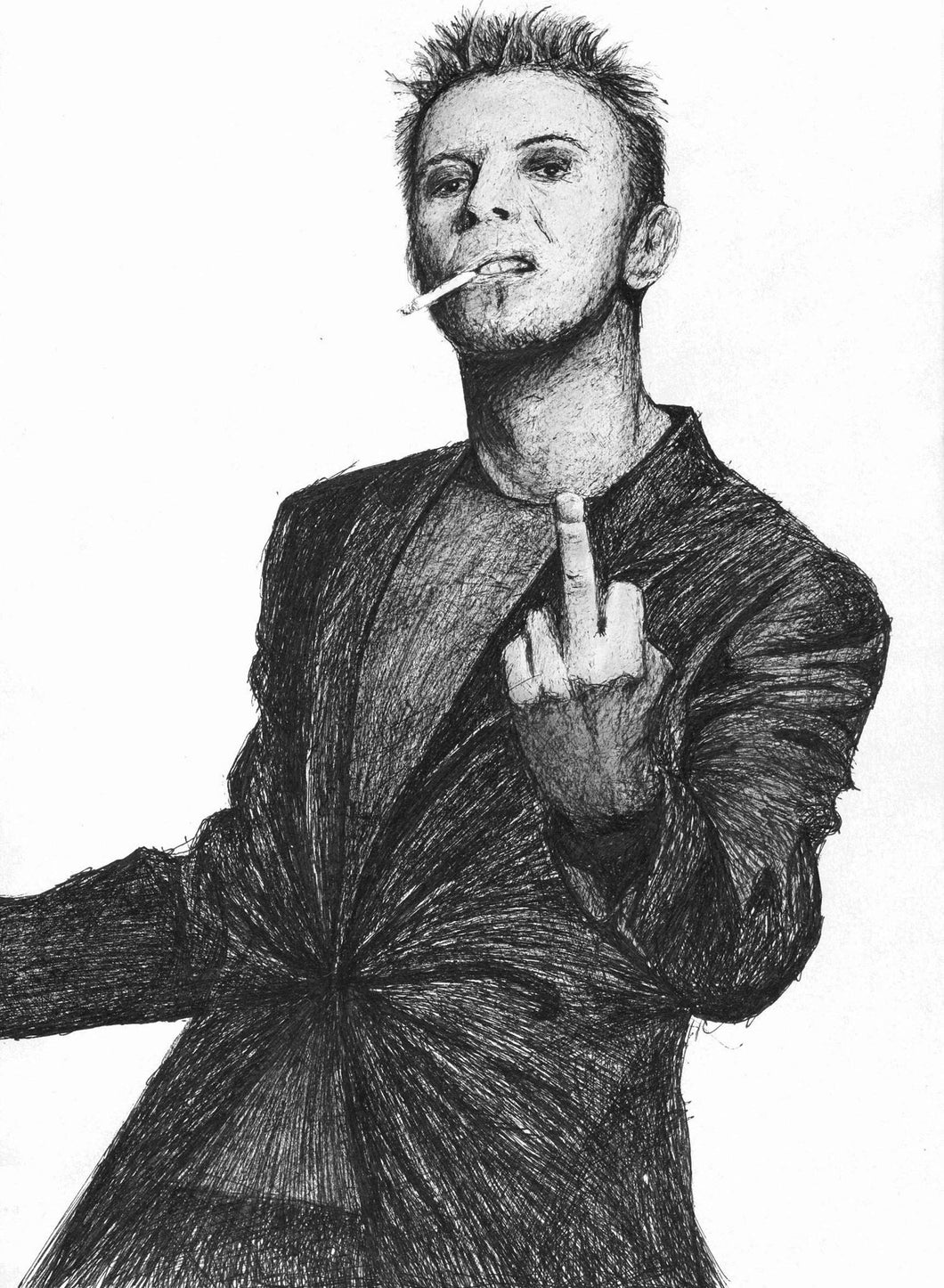 David Bowie middle finger up yours fuck you series pen drawing portrait print fan art poster