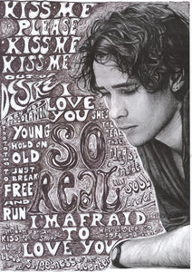 Jeff Buckley charcoal portrait drawing and illustration including lyrics from Grace tribute fan art wall decor print