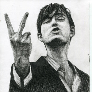 Jarvis Cocker lead singer from 90s britpop band Pulp middle finger up yours fuck you series pen drawing portrait print fan art poster