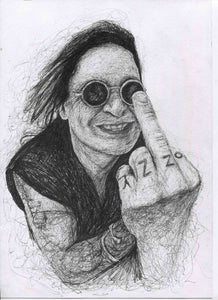 Ozzy Osbourne black sabbath black and white middle finger up yours fuck you series pen drawing fan art portrait print poster wall decor