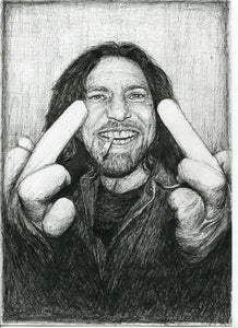 Eddie Vedder Pearl Jam grunge black and white middle finger up yours fuck you series pen drawing fan art portrait print poster wall decor
