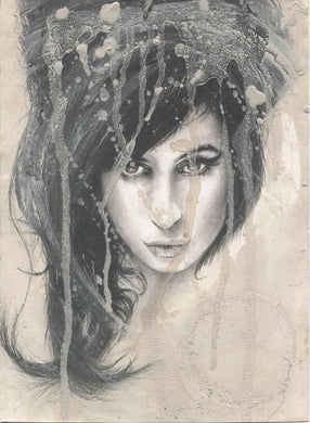Amy Winehouse wine stained black and white charcoal portrait drawing fan tribute art print poster
