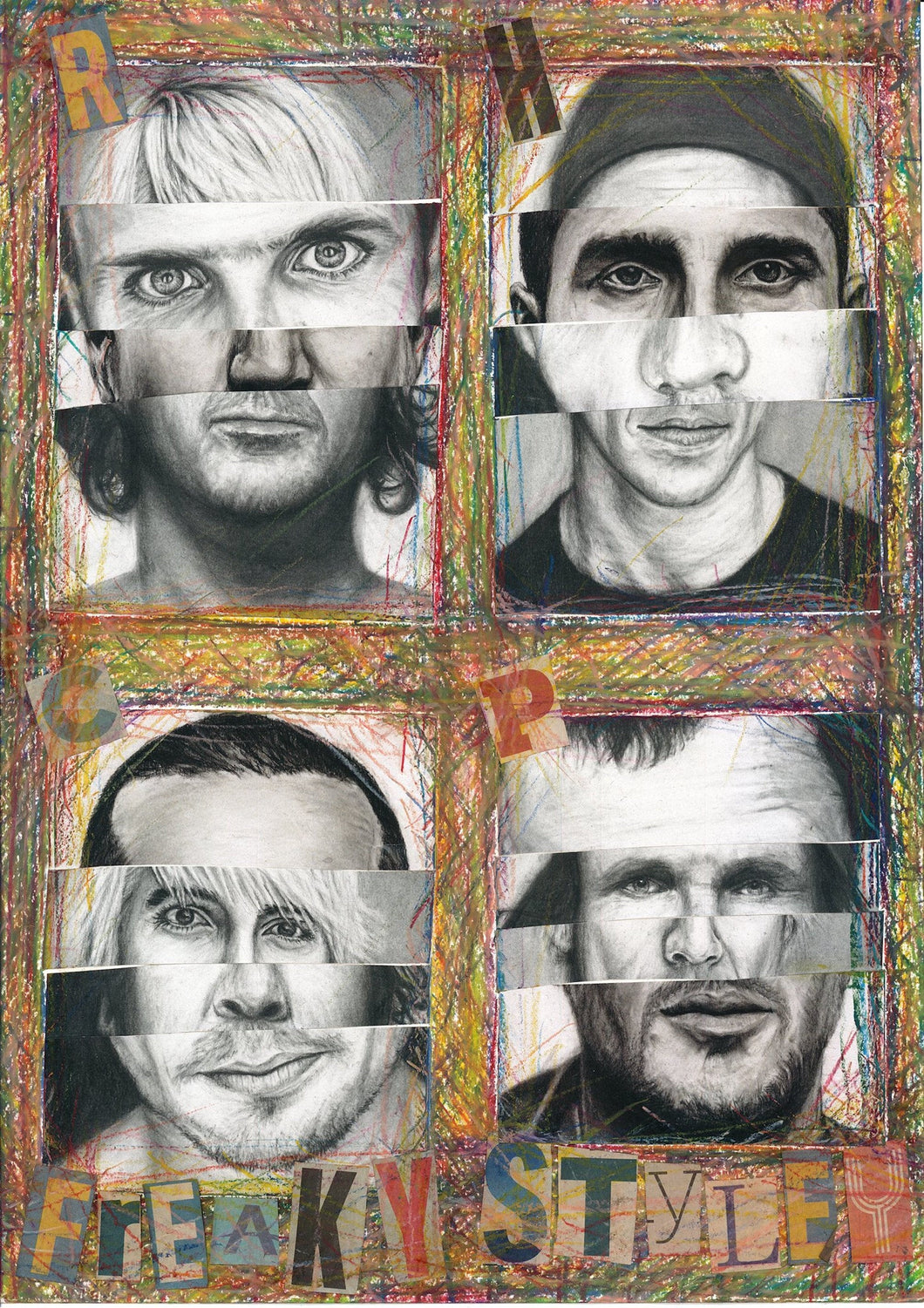 RHCP Red Hot Chili Peppers Freaky Styley Abstract Collage from original Charcoal Portrait drawings of Anthony, Flea John and Chad!!!