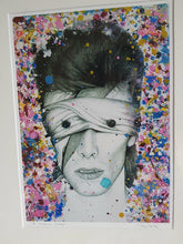 Load image into Gallery viewer, Mounted, wrapped and HANDSIGNED LIMITED EDITION David Bowie Aladdin Sane as Lazarus black and white charcoal drawing portrait print