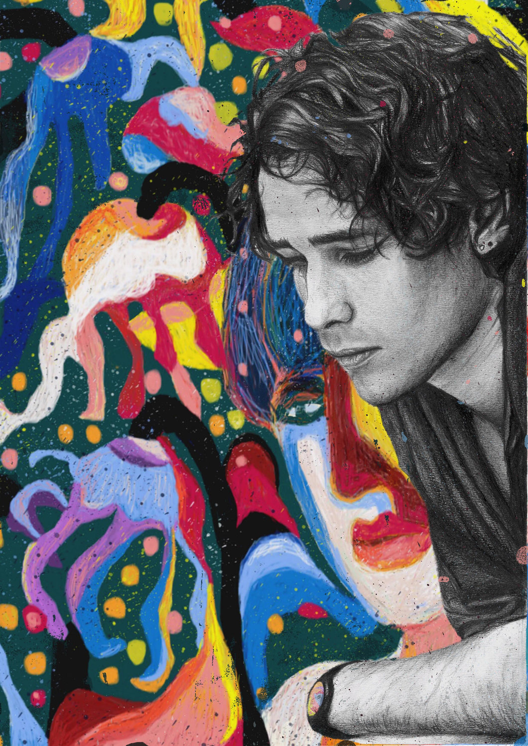 Jeff Buckley Grace black and white charcoal pencil portrait drawing abstract colour version tribute fan art print