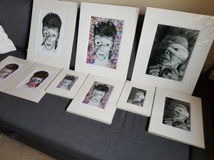 Mounted, wrapped and HANDSIGNED LIMITED EDITION David Bowie Aladdin Sane as Lazarus black and white charcoal drawing portrait print