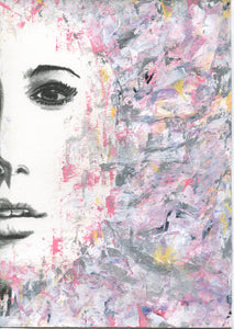 Woman half face pink and grey acrylic abstract version from black and white charcoal portrait drawing fine art poster print