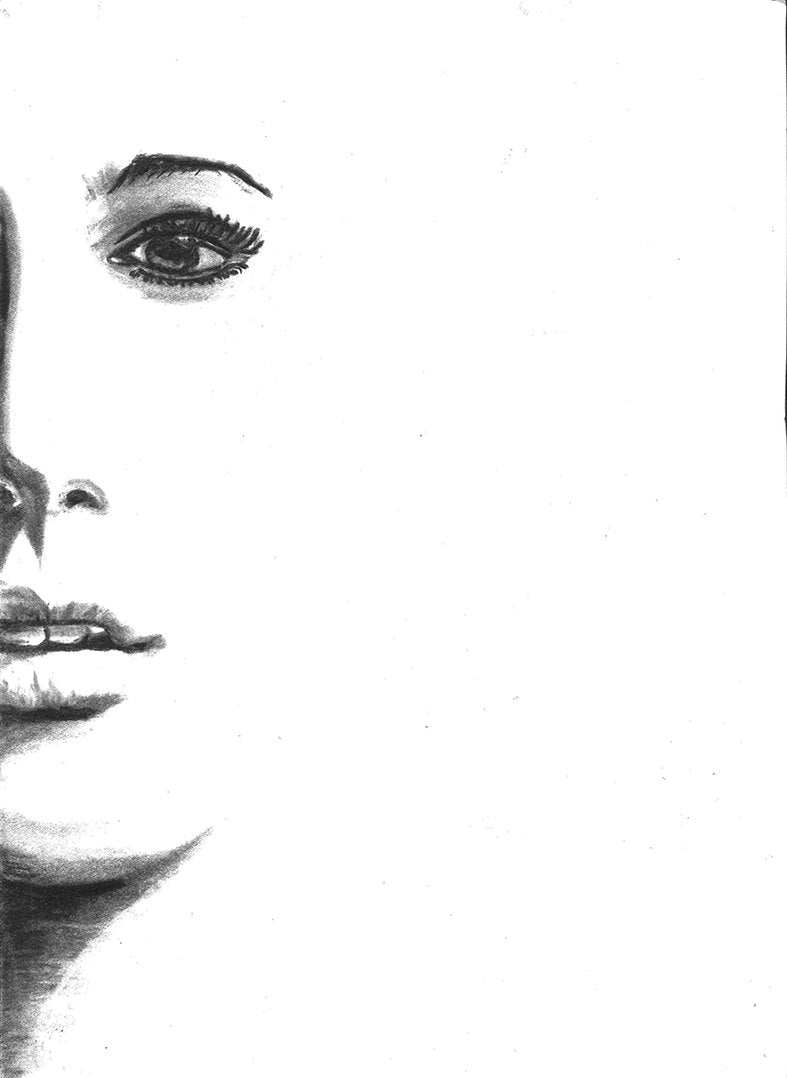 woman half face charcoal pencil portriat drawing print poster fine art wall decor