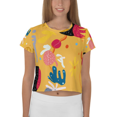 Abstract Yellow All-Over Print Crop Tee