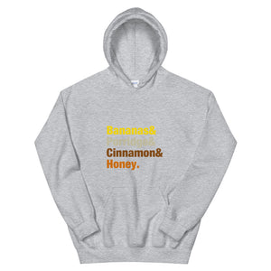 Bananas & Porridge & Cinnamon & Honey Colourful font Unisex Hoodie