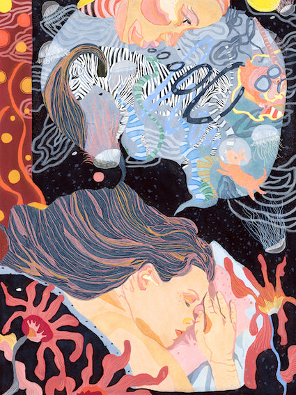 The Aquatic Dream - jellyfish zebra moon fantasy illustration poster art print wall decor